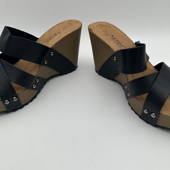 Agape Womens Black Strappy Wedge Sandals 6.5 With Stud Accents & Sturdy Sole - Picture 3 of 7